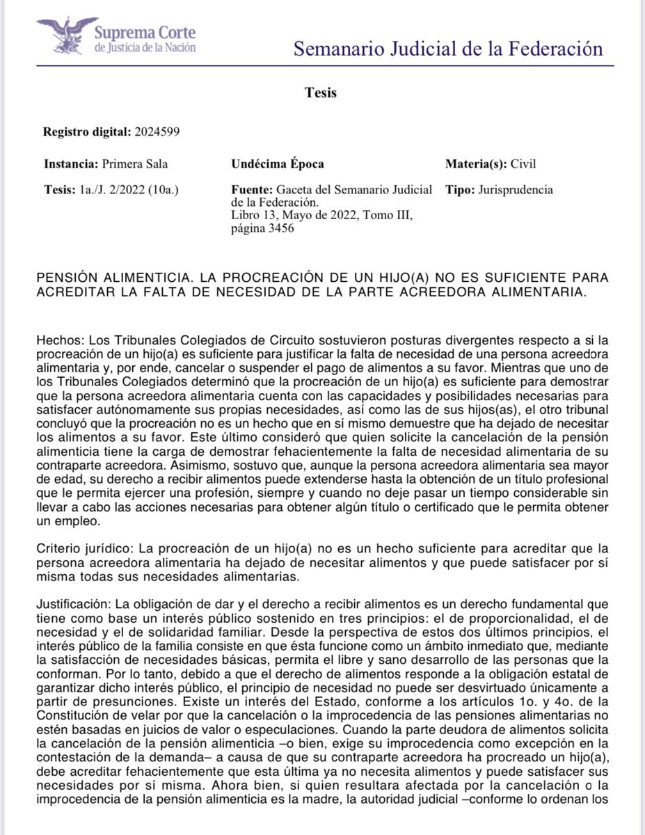 MoraErica's tweet photo. Contradicción de Tesis 216/2019 El nacimiento de una hija o un hijo no es suficiente para determinar que quien recibe una pensión de alimentos ha dejado de necesitarla. El deudor alimentario deberá probar que el acreedor ha dejado de necesitar alimentos. https://t.co/m5hyPZZHsS https://t.co/MdDnEHgvp6