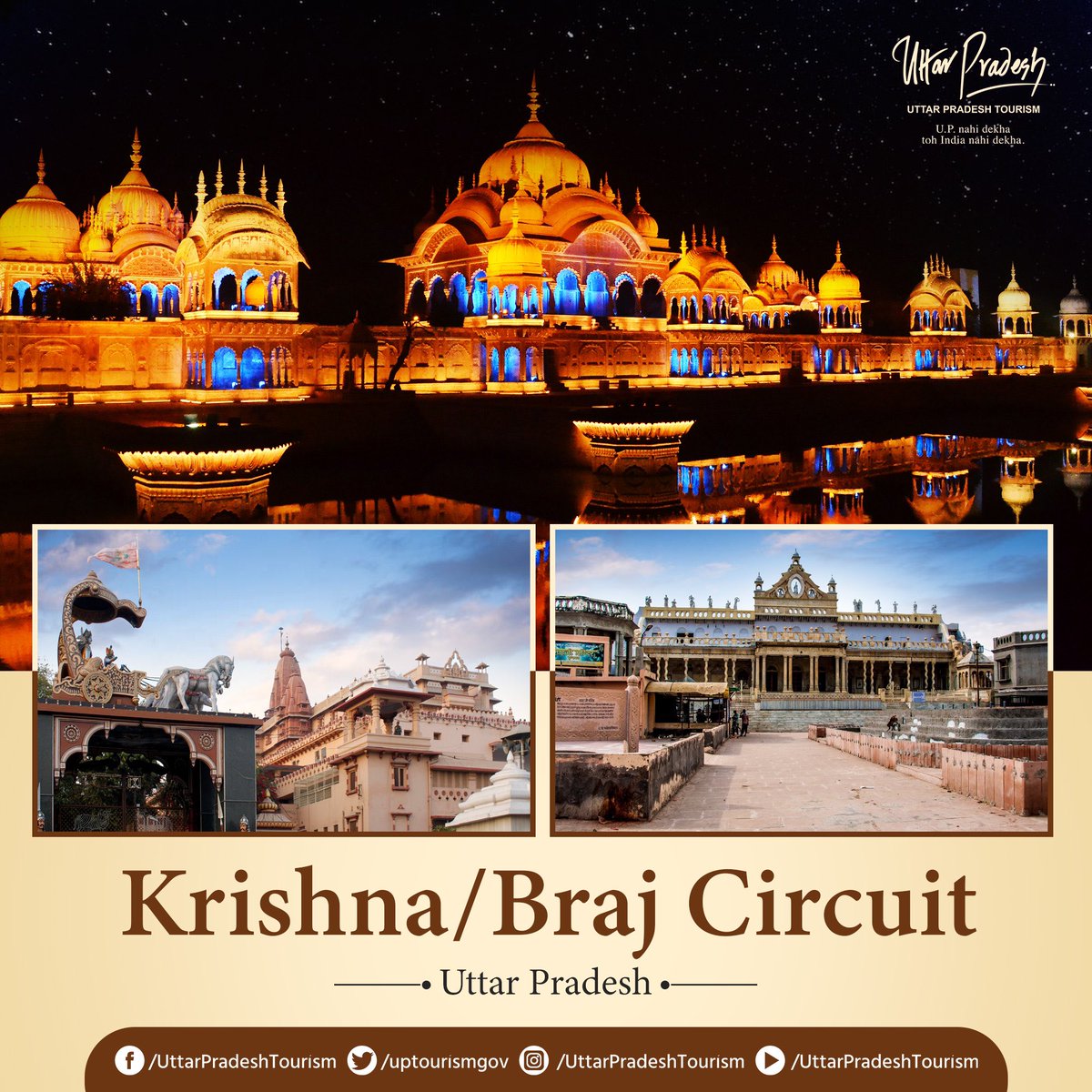 uptourismgov's tweet photo. The beauty never recedes in the #Krishna/#BrajCircuit! From #BaldevMandir to #Vrindavan to Goverdhan to #Gokul to Barsana to #Nandgaon to #Mahaban &amp; to the other holy cities, the circuit constitutes a series of awestruck places holding huge #historical &amp; #religious significance. https://t.co/ClUQVcuuSD