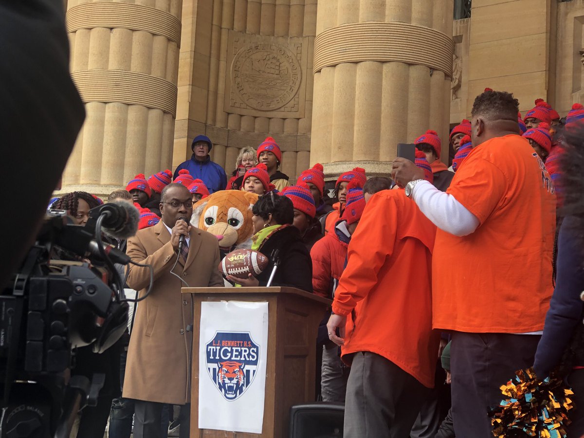 Mayor Byron Brown honoring the Bennett Tigers Football Team in front of City Hall on December 22