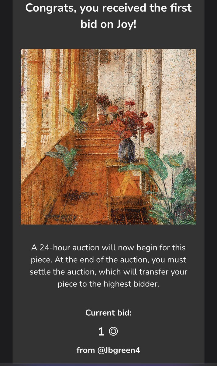 AUCTION IS LIVE <a href="/formfunction/">Formfunction</a> 🚨

Thank youu <a href="/jbgreen4/">Jason M</a> for kickstarted the bid  'Joy'.🙏🏽🙏🏽✨✨

Auction ENDS IN
17H + ⏳

Link bid 🔻🔻🔻