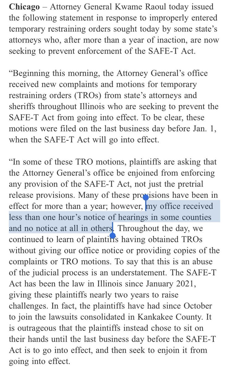 ballesteros_312's tweet photo. INBOX: Judges across Illinois granted last-minute restraining orders to sheriffs and prosecutors who don’t want to abolish cash bail on Sunday, according to IL Attorney General @KwameRaoul’s office.

“To say that this is an abuse of the judicial process is an understatement.” https://t.co/dQO1nbK0e1
