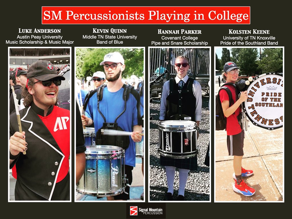 As college bowl season is in full swing, here are some former SM Perc students who have auditioned &amp; earned the opportunity to continue playing in college. Luke &amp; Hannah are on scholarship; Kolsten &amp; Kevin receive stipends for being in marching band. We’re so proud of them!