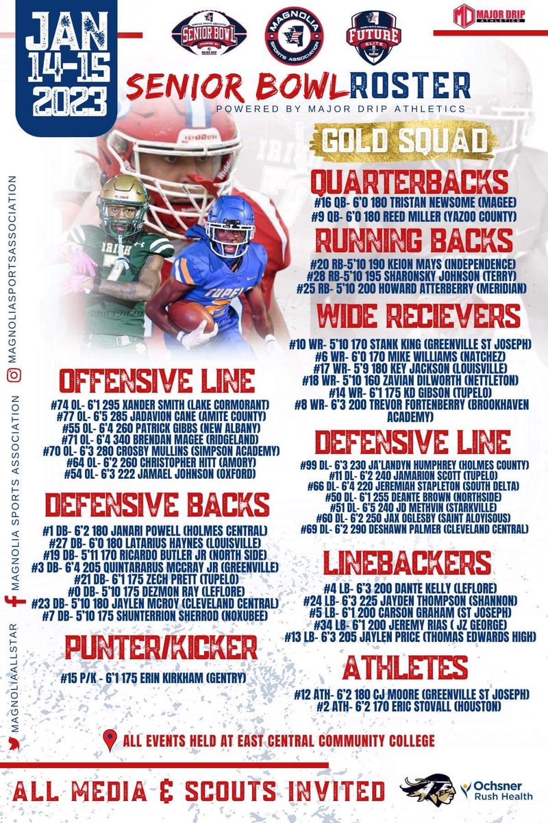 MagnoliaAllstar's tweet photo. Magnolia Sports Association Media Day will be January 8th 2023 @ East Central Community College All news and media outlets welcomed! 
Please Contact Seneca Hampton @ BingoMediaLLC@Gmail.com to apply for media credentials.

#Only1Magnolia #SeniorBowl #FutureElite https://t.co/f6prcvj9Fb