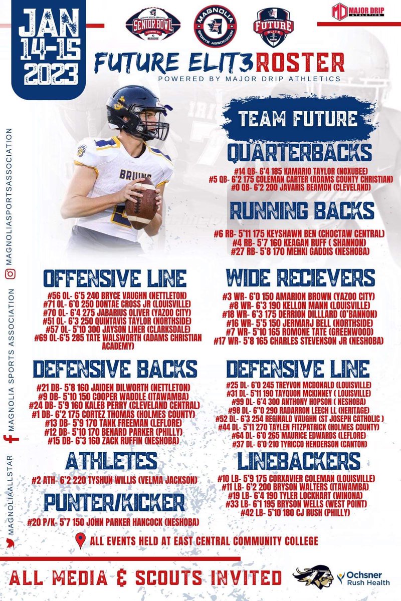 MagnoliaAllstar's tweet photo. Magnolia Sports Association Media Day will be January 8th 2023 @ East Central Community College All news and media outlets welcomed! 
Please Contact Seneca Hampton @ BingoMediaLLC@Gmail.com to apply for media credentials.

#Only1Magnolia #SeniorBowl #FutureElite https://t.co/f6prcvj9Fb