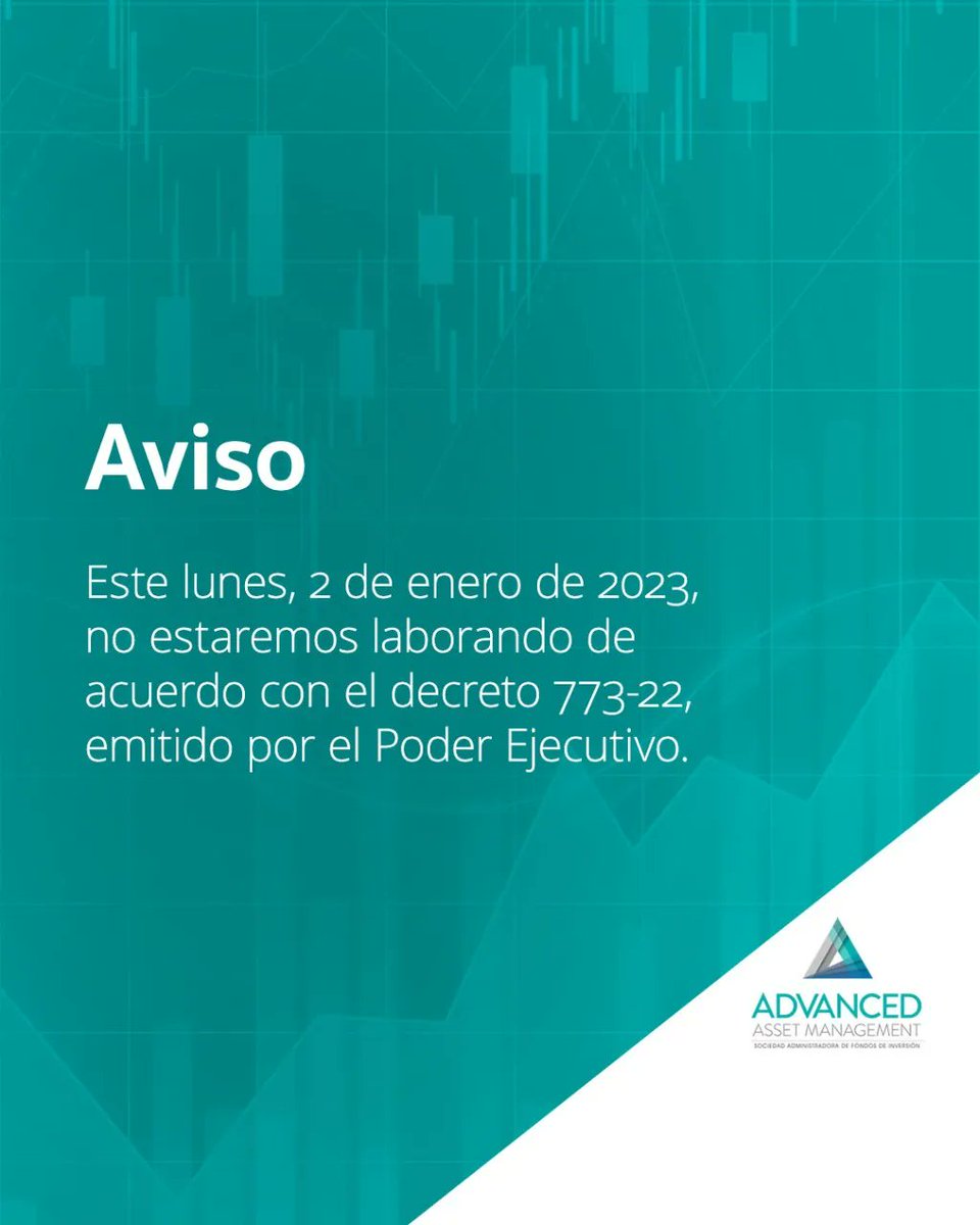 aamfunds's tweet photo. AVISO
Este lunes, 2 de enero de 2023, no estaremos laborando de acuerdo con el decreto 773-22, emitido por el Poder Ejecutivo.

Estaremos retornando el martes, 3 de enero de 2023, en el horario acostumbrado. https://t.co/wdFjyJugsF