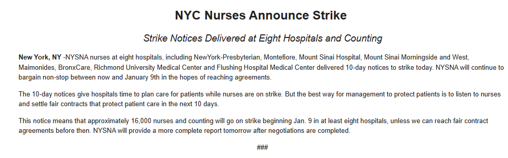 msainat1's tweet photo. 16k nurses in NYC set a strike date for January 9 over chronic understaffing. It would be the largest private sector nurses strike in US history https://t.co/tztx3hrAcU
