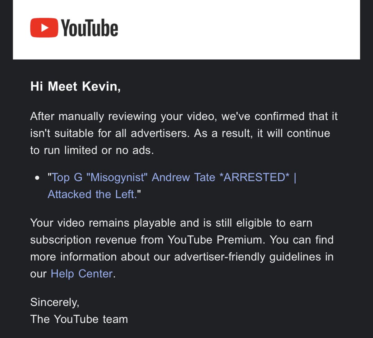 realMeetKevin's tweet image. YouTube manual review now confirming: if you talk about #TopG, you will be demonetized.