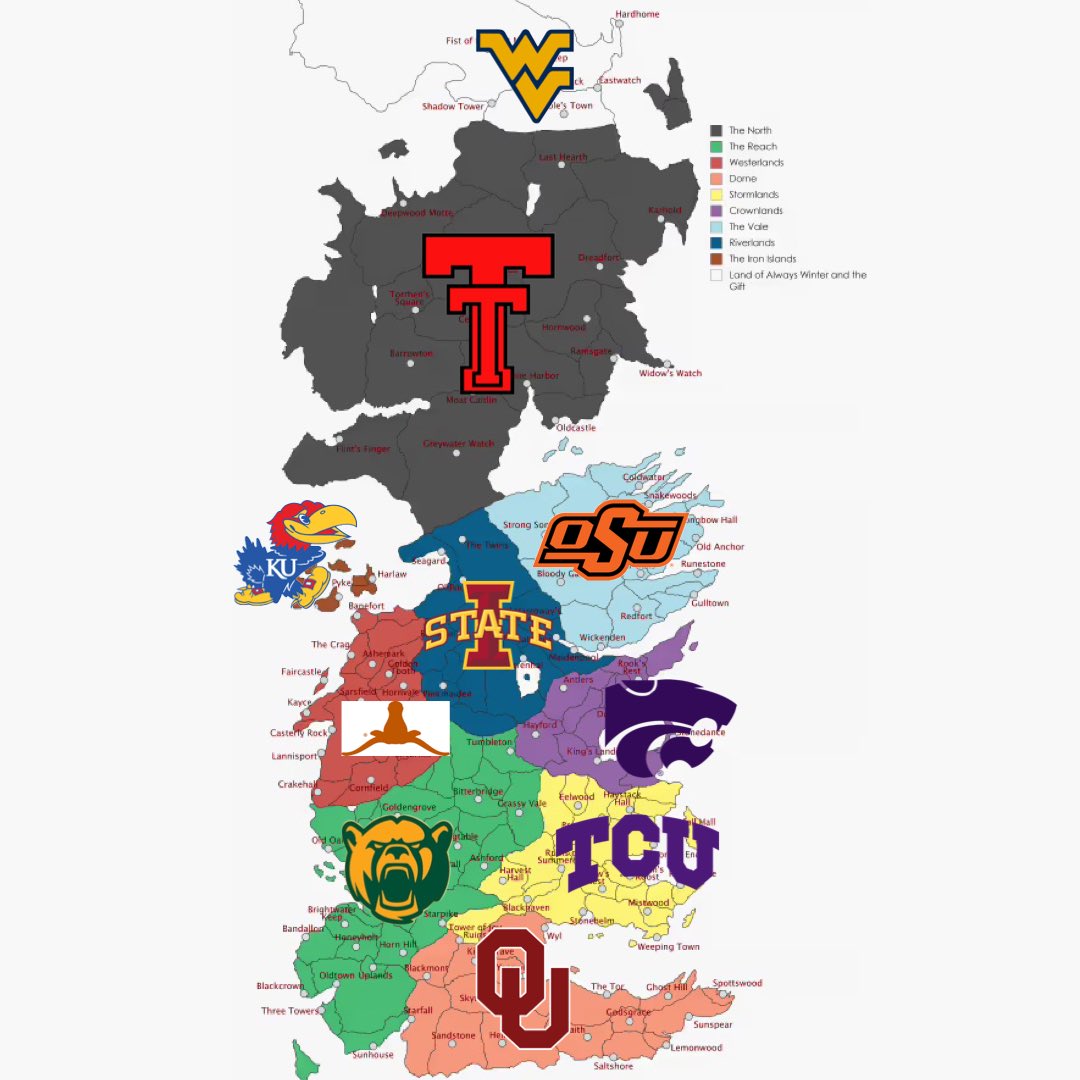 ShermStu_2's tweet photo. 2022 BigXII football explained by a map of Westeros.

Placement Criteria:

• Team performance
• Fanbase culture
• Fanbase relations https://t.co/hNgriT3YWF