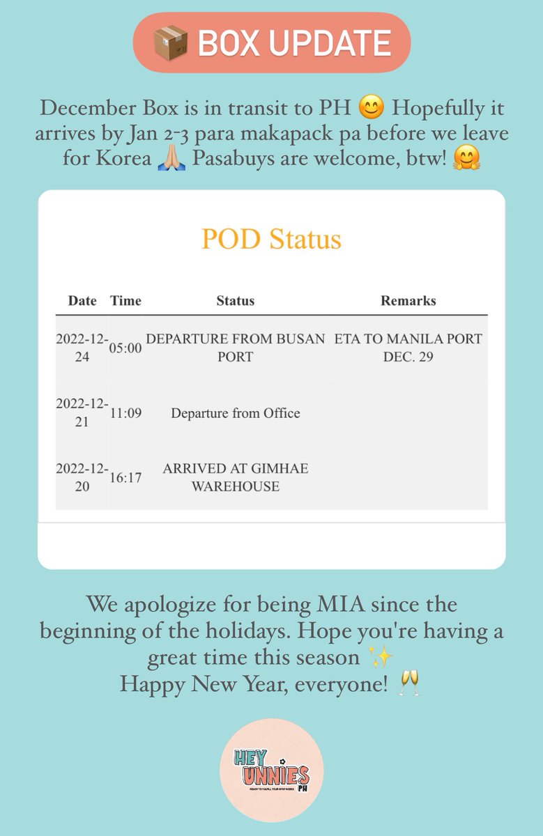 heyunniesph's tweet photo. [ #HeyUnniesPHUpdates ]

📦 DECEMBER Box update : In-transit to PH

*no latest status update as of Dec 31 https://t.co/jPlE1ABbKp