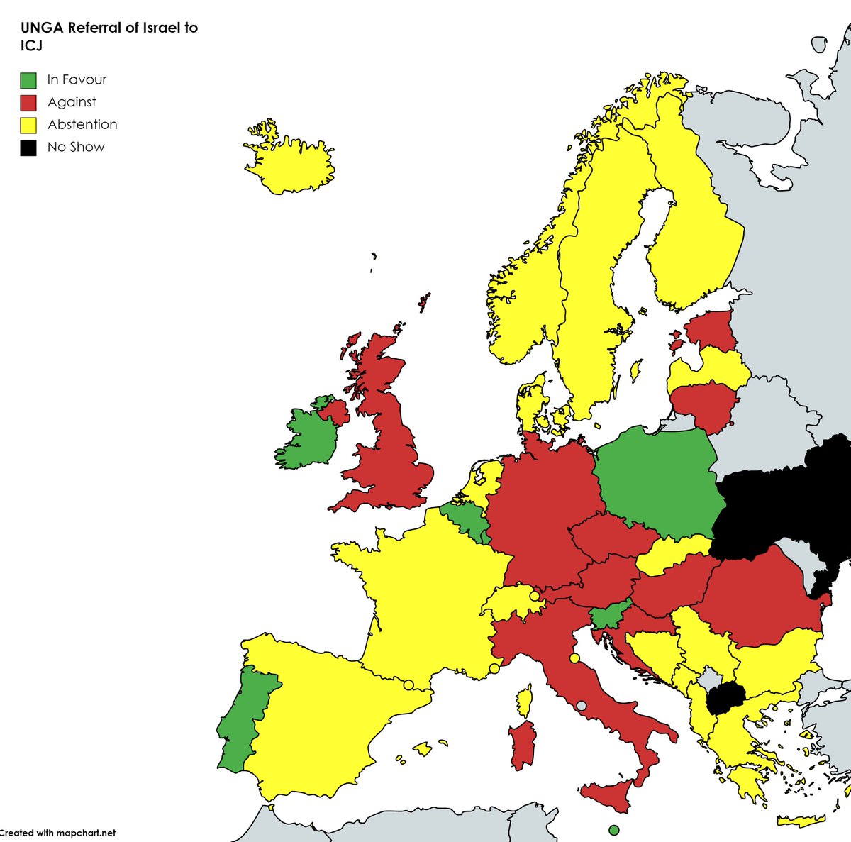 Appalling European vote count at last night's UNGA. Despite talking about importance of international law viz Russia's invasion of Ukraine, only 7 European states felt this legal right also applies to Palestinians. Shockingly 10 voted against ICJ referral, including UK & Germany.