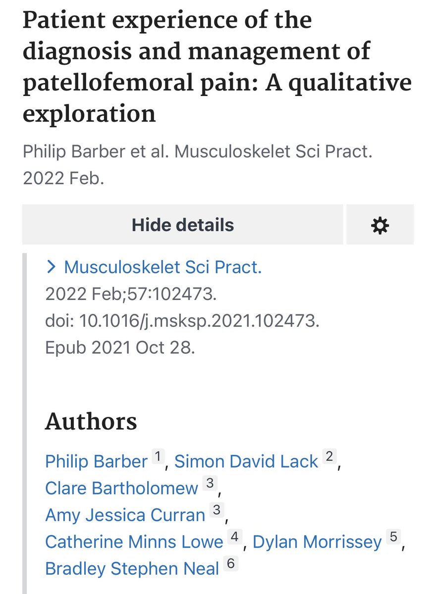 IMO the most important publication this year on Patellofemoral pain. Patient experience on Diagnosis &amp; management. Diagnosis is essential and validates their pain. Management needs to be tailored. Education empowers patients. Thank you <a href="/DrBradNeal/">Brad Neal</a> <a href="/simonthephysio/">Dr Simon Lack</a> <a href="/DrDylanM/">Dylan Morrissey</a>