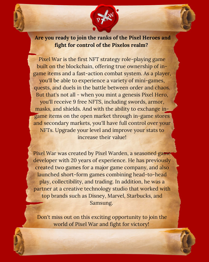 thepixelwar's tweet photo. Verily, the craze of blockchain gaming doth sweep across the realm of crypto, with many a noble warriors joining the ranks of GameFi. 

And lo, Pixel Wars doth boast @pixelwarden, a game designer of great renown, who bringeth his skills to the Web3 realm. https://t.co/8GBUqAGlgA