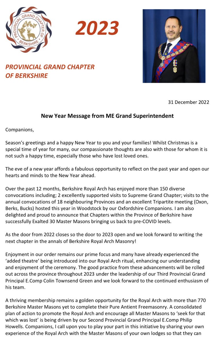 BerksPGC's tweet photo. A New Year message from our ME Grand Superintendent Ian Hopgood.
#Freemasonry #HRA #HappyNewYear https://t.co/NlhVF8qo2v