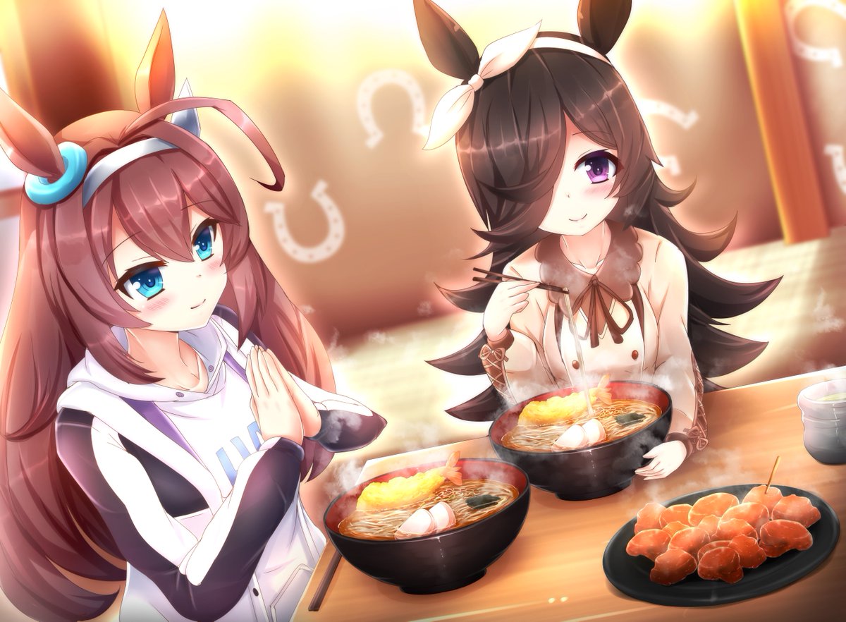 mihono bourbon (umamusume) ,rice shower (umamusume) multiple girls 2girls animal ears chopsticks horse ears food purple eyes  illustration images