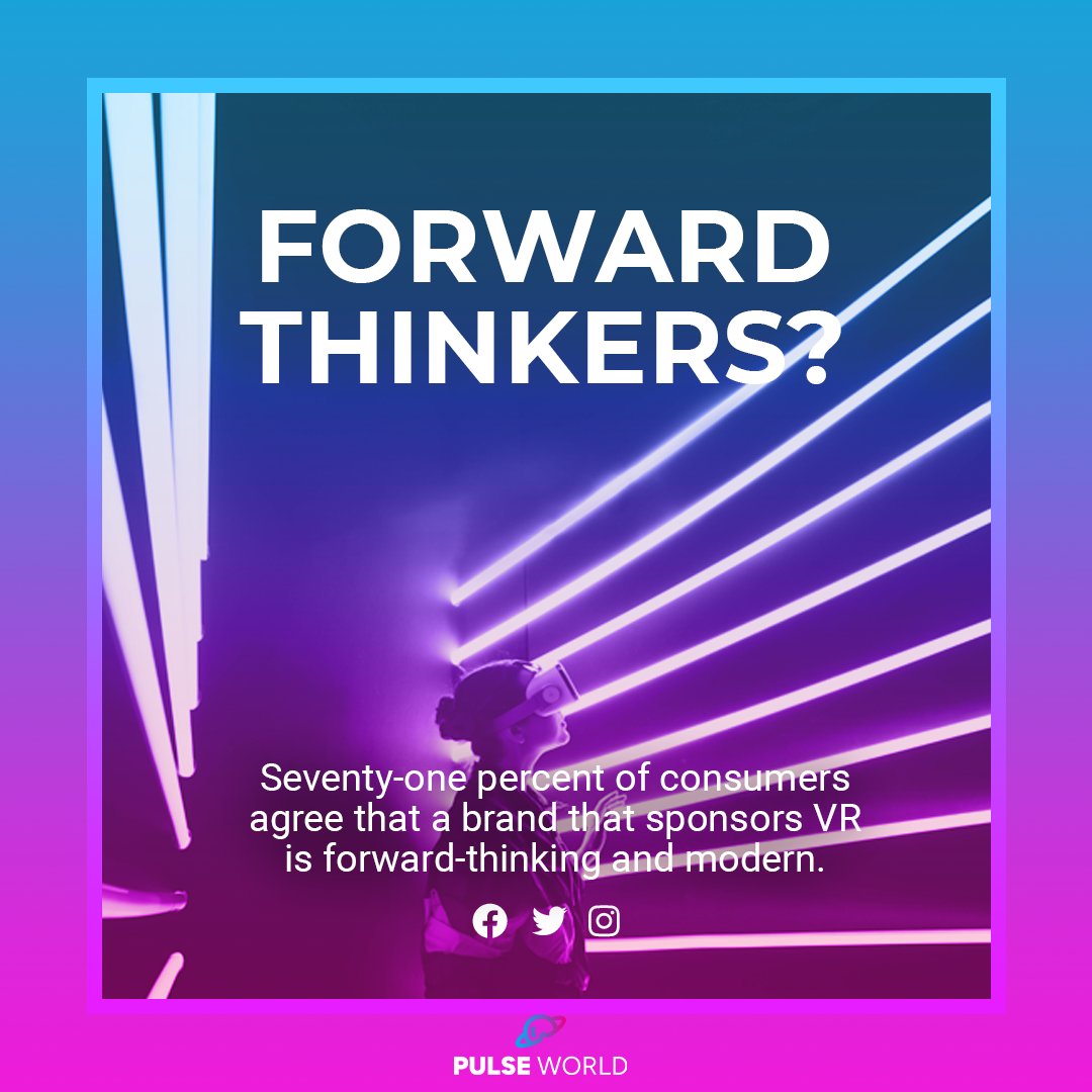 PulseSocials's tweet photo. 📊 Are you aware that 71% of people consider that any brand which sponsors VR is progressive, forward-thinking and modern? 

Yes, this was the result of a conclusive study conducted by the leading technology business research firm, Greenlight VR. 💯 https://t.co/u6vw8ipSXh