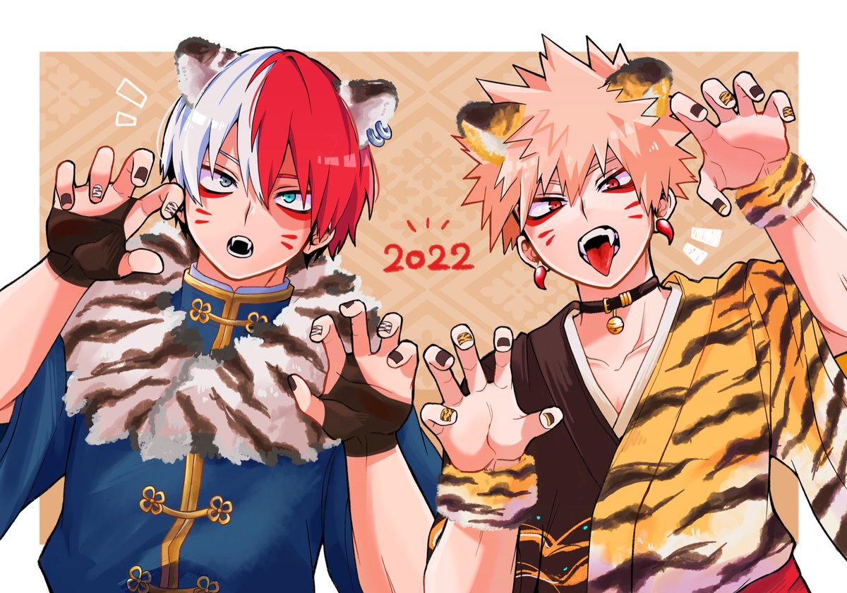 bakugou katsuki ,todoroki shouto red hair multiple boys burn scar animal ears male focus 2boys year of the tiger  illustration images