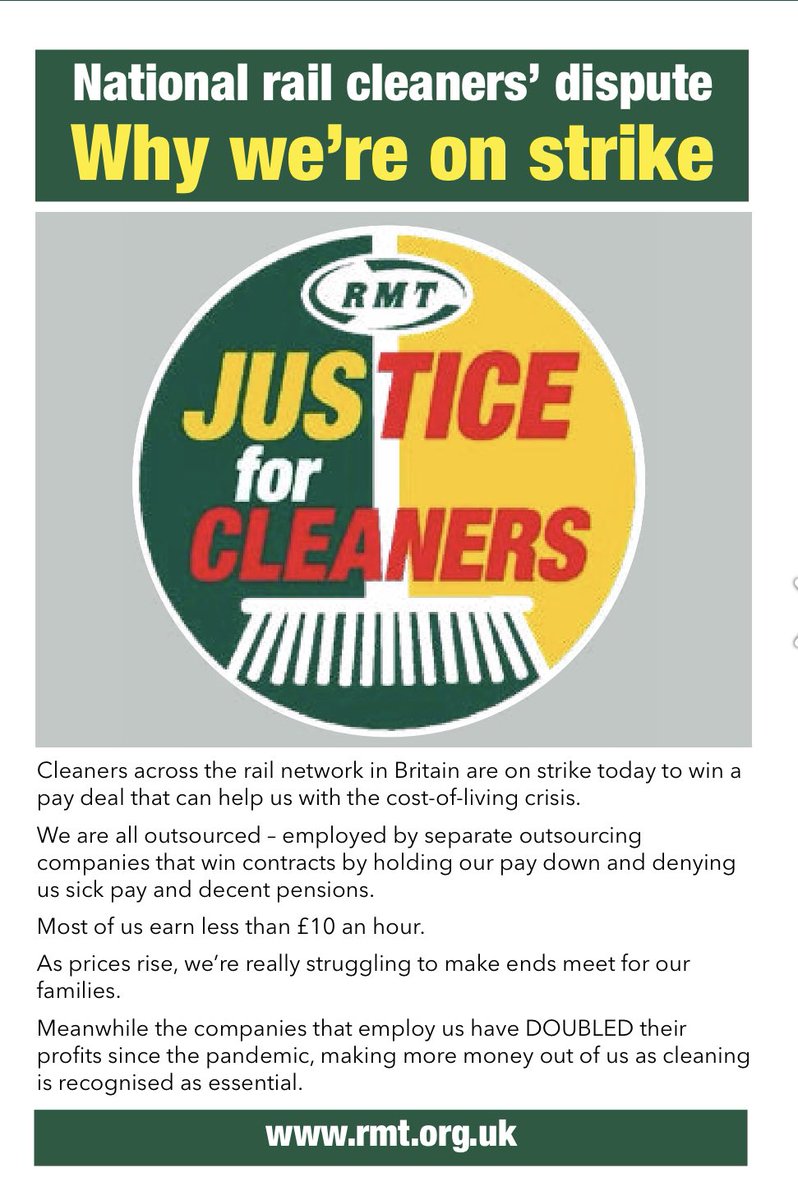 GlenJHart's tweet photo. Solidarity with contracted-out cleaners putting on @RMTunion first and biggest ever National dispute on rail companies to demand: 
+ a Pay Increase to £15 an hour + proper Sick Pay + free Travel Facilities + Decent Pension for all #EndOutsourcingNow
#JusticeforCleaners https://t.co/5wz0bet7YQ