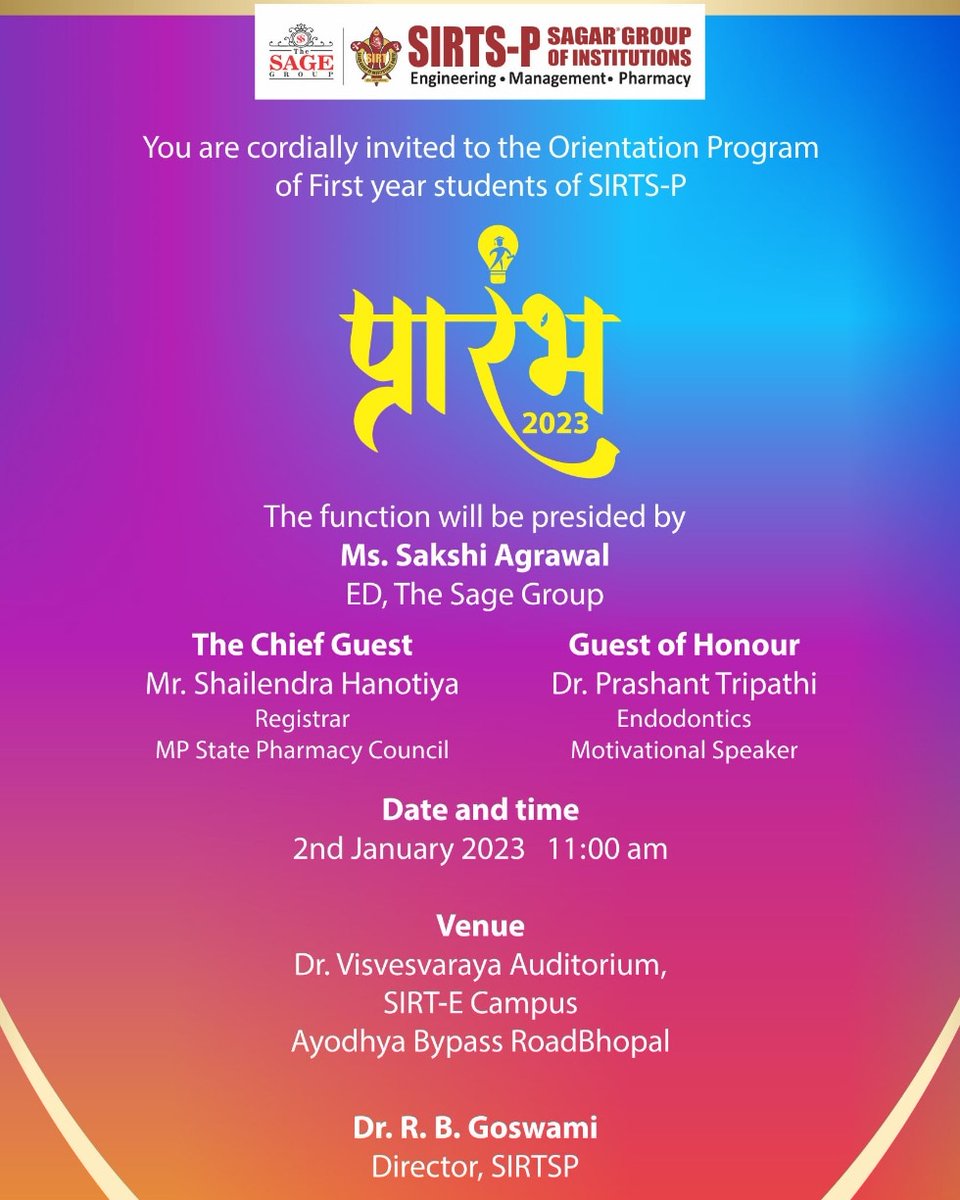 DenasiaHospital's tweet photo. On 2.1.23 SIRTS-P #SagarGroupofInstitutions invited #CEO @DrPrashantDSSDH Sir, as #GuestofHonour for their #OrientationProgram "#Prarambh"  of #FirstYearStudents 
@KarunaIndian 
#DrPrashantTripathi #DrPoojaTripathi #KrishnaTripathi #Denasia #DenasiaTimes  #8120202052 #9200200300 https://t.co/fD5Blq6SCw