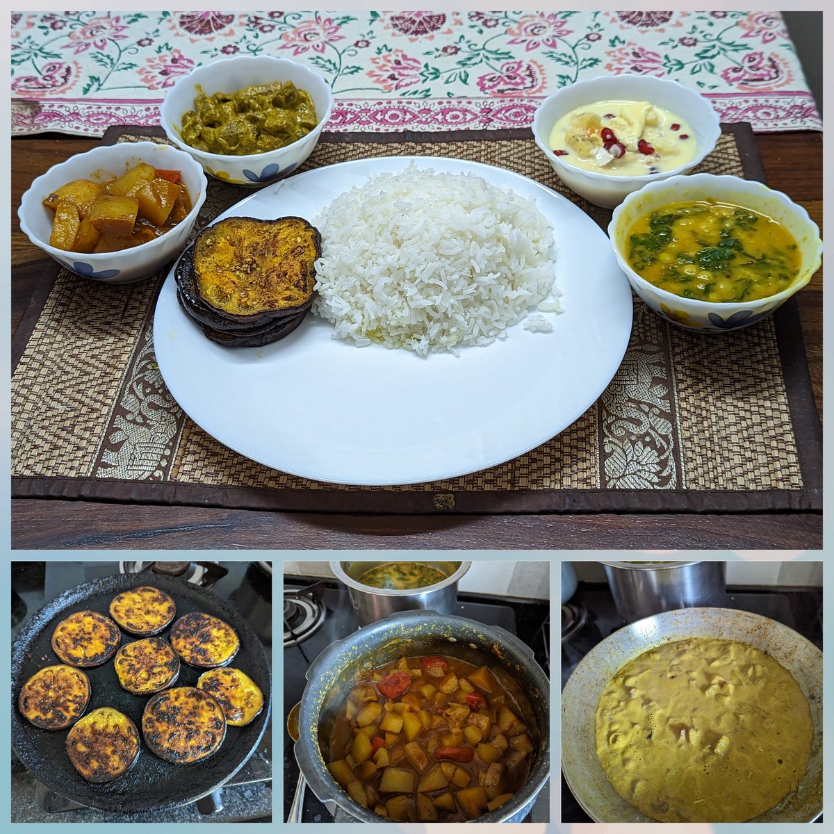 #Weekend #YearEnder2022 #Cooking 
#OdiaThali 
Papaya Masala, Mashroom Besara, Palak Dal, Brinjal Fry, Fruit custard
#gpkitchen #FoodieOdia