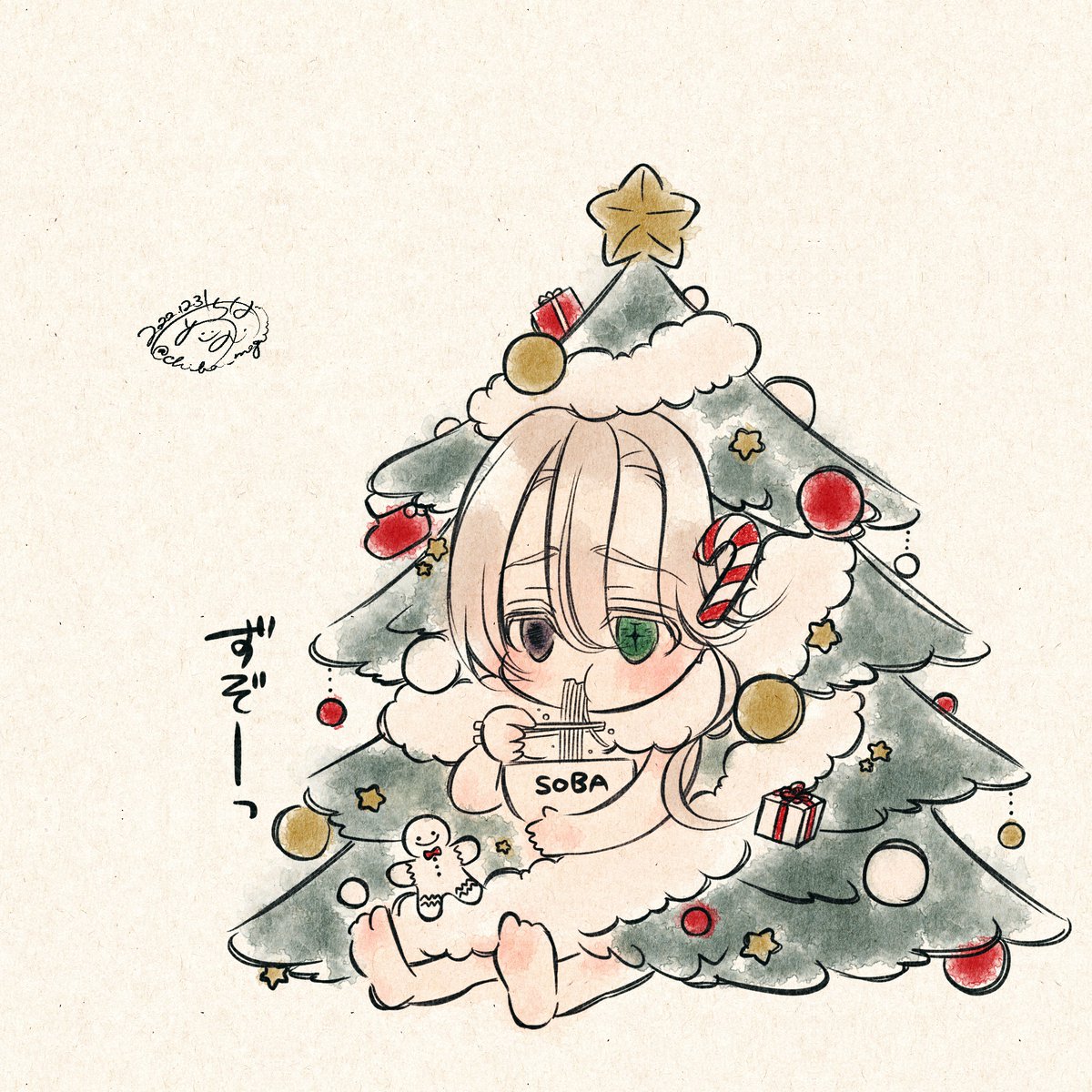 「クリスマス気分が抜けないまま年越しそばを食べるボスの図#描き納め#コットンキャン」|千葉めぐむのイラスト