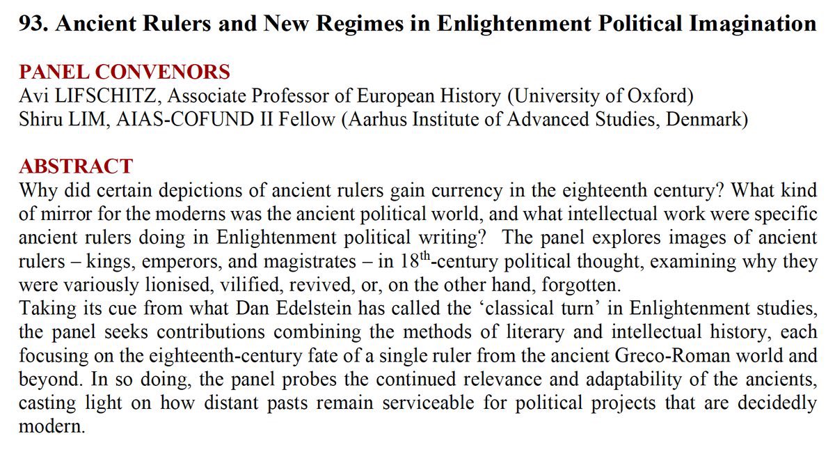 What role did ancient rulers play in the political imagination of the 18th century? Join Shiru Lim (<a href="/halbsoschlimm/">Shiru Lim</a> <a href="/AIAS_dk/">Aarhus Institute of Advanced Studies</a>) and me at the quadrennial <a href="/isecs_sieds/">ISECS/SIEDS</a> congress in July 2023 in Rome. Applications welcome by 31 January: isecs-roma2023.net/en/calls