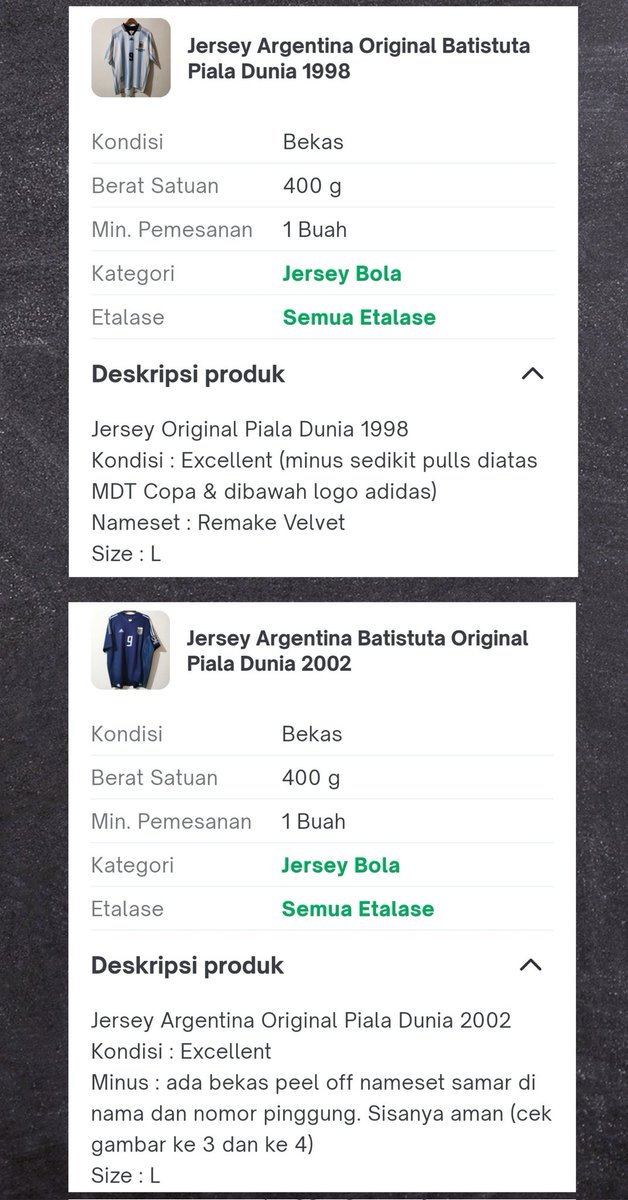 BDhanardono's tweet photo. @Jerseyforum #jersey4sale #917
1.Argentina Home WC 98 sz L, nns mdt remake velt, kondisi excellent, harga 1600k
2.Argentina Away WC 2002 sz L, nns mdt remake poly, kondisi Excellent, harga 750k

Kalau Sepaket 2200k

Tokopedia ready

Detail PM atau https://t.co/UvnpgCJh8M https://t.co/xbUjjwhBWq