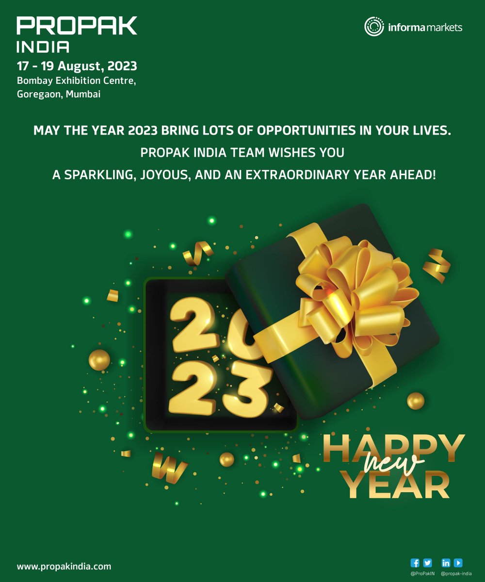 ProPakIN's tweet photo. We wish you a sparkling, joyous, and amazing year ahead. Happy new year to you and your family!

#informamarkets #propakindia #propak2022 #newyear2023 #packagingtradeevent #sustainablesolutions #processingandpackaging #b2bplatform #businessplatform #newyear #2023 https://t.co/yt9QuWiYvK