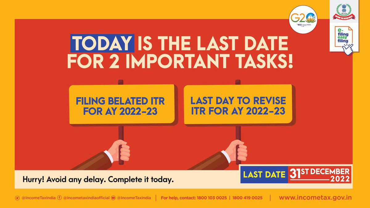 IncomeTaxIndia's tweet photo. Today is the last date for filing your belated ITR and revising your ITR for AY 2022-2023, if applicable. Hurry and file your #ITR. Pl visit https://t.co/GYvO3mStKf #FileNow https://t.co/5VKC5Tpqwh