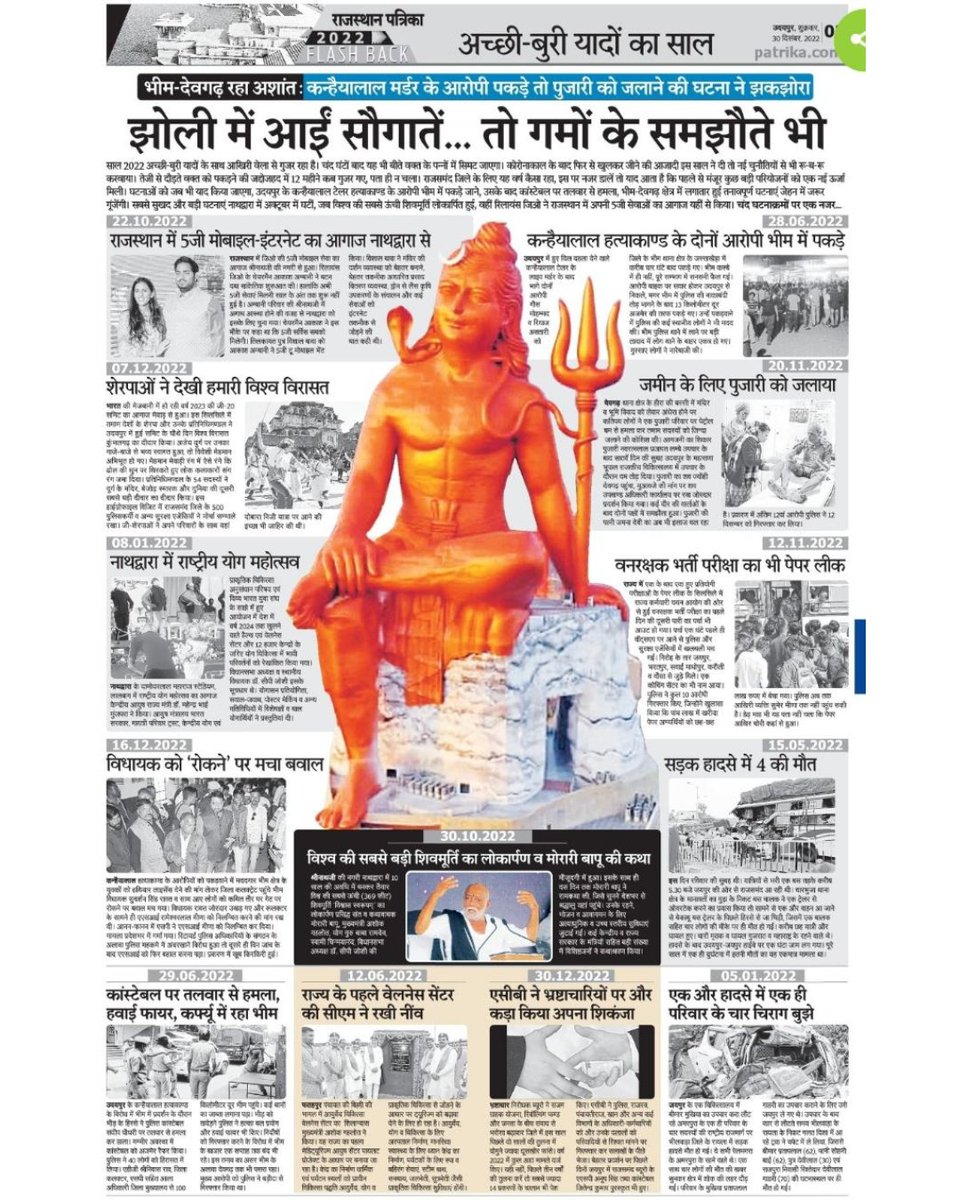 statueofbelief's tweet photo. राजस्थान पत्रिका द्वारा एक बेहतरीन पृष्ठ "अच्छी बुरी यादों का साल"(2022 FLASH BACK)निकाला गया l जिसमें जिले में हुई घटनाओं का संक्षिप्त विवरण दिया गया, उसी पृष्ठ में "विश्वास स्वरूपम्"विश्व की सबसे बड़ी शिव मूर्ति का लोकार्पण का विवरण  दिया गया l राजस्थान पत्रिका का हार्दिक आभारl https://t.co/SczFRz6LBc