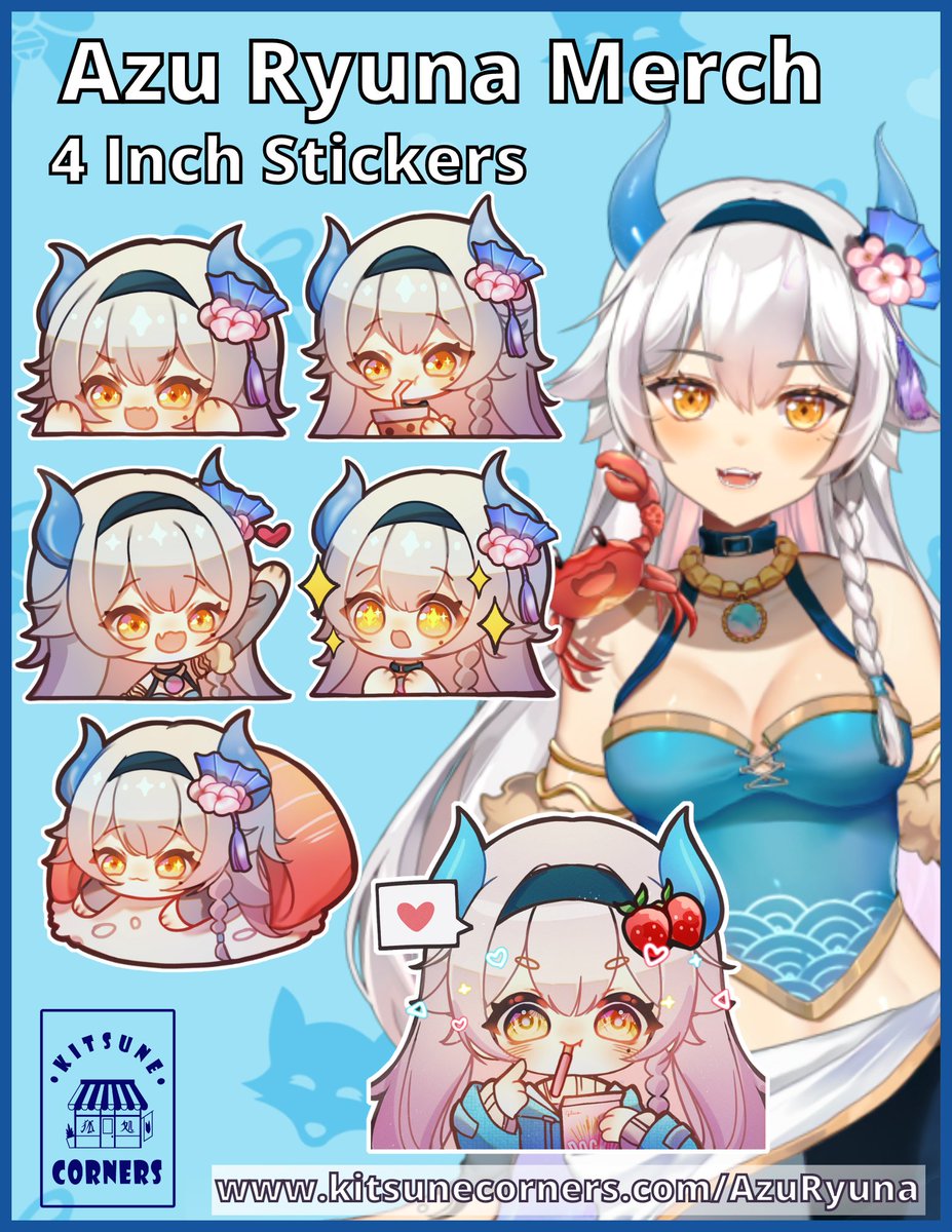 KitsuneCorners's tweet photo. Welcome @AzuRyuna the cutest sea dragon 🐉 as one of our partners!
She has 6 different 4inch stickers that you can collect!
Her merch is now available on our website!
⬇️Link Below!⬇️ https://t.co/TDCN3hslsY