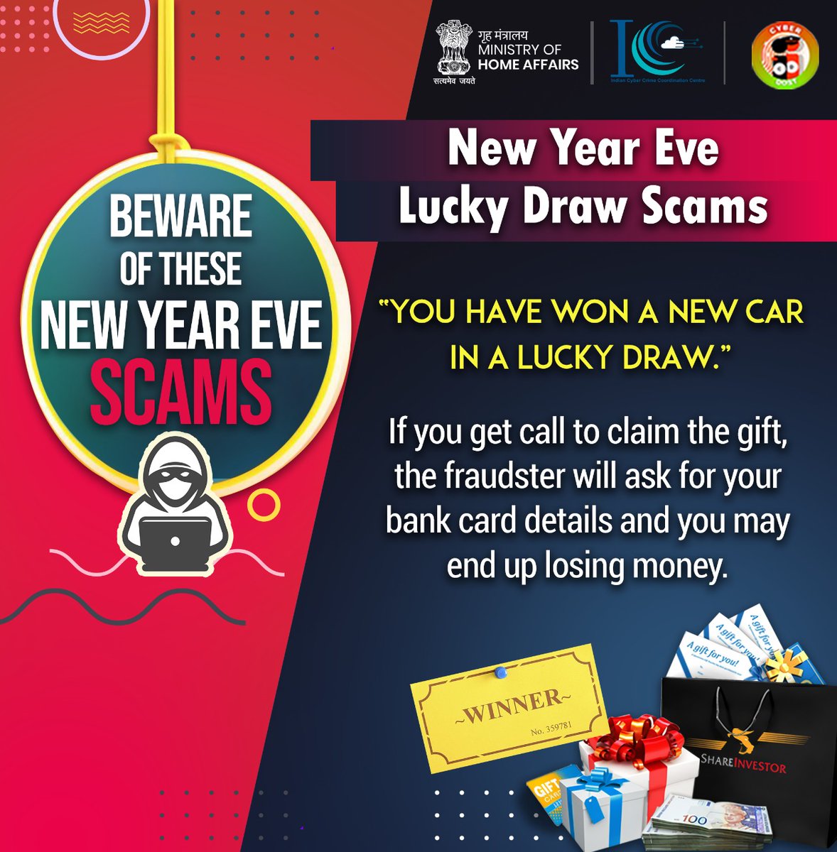 Cyberdost's tweet photo. As this year is about to end, you’ve got to stay alert and aware to be cyber-safe.
CyberDost is always there
 to make you cyber aware.
If you are a victim of cybercrime, dial 1930 and file a complaint on https://t.co/cr6WZMOi4c

#NewYearEve  #Flights #LuckyDraw #party #ScamAlert https://t.co/BKKACZVC0x