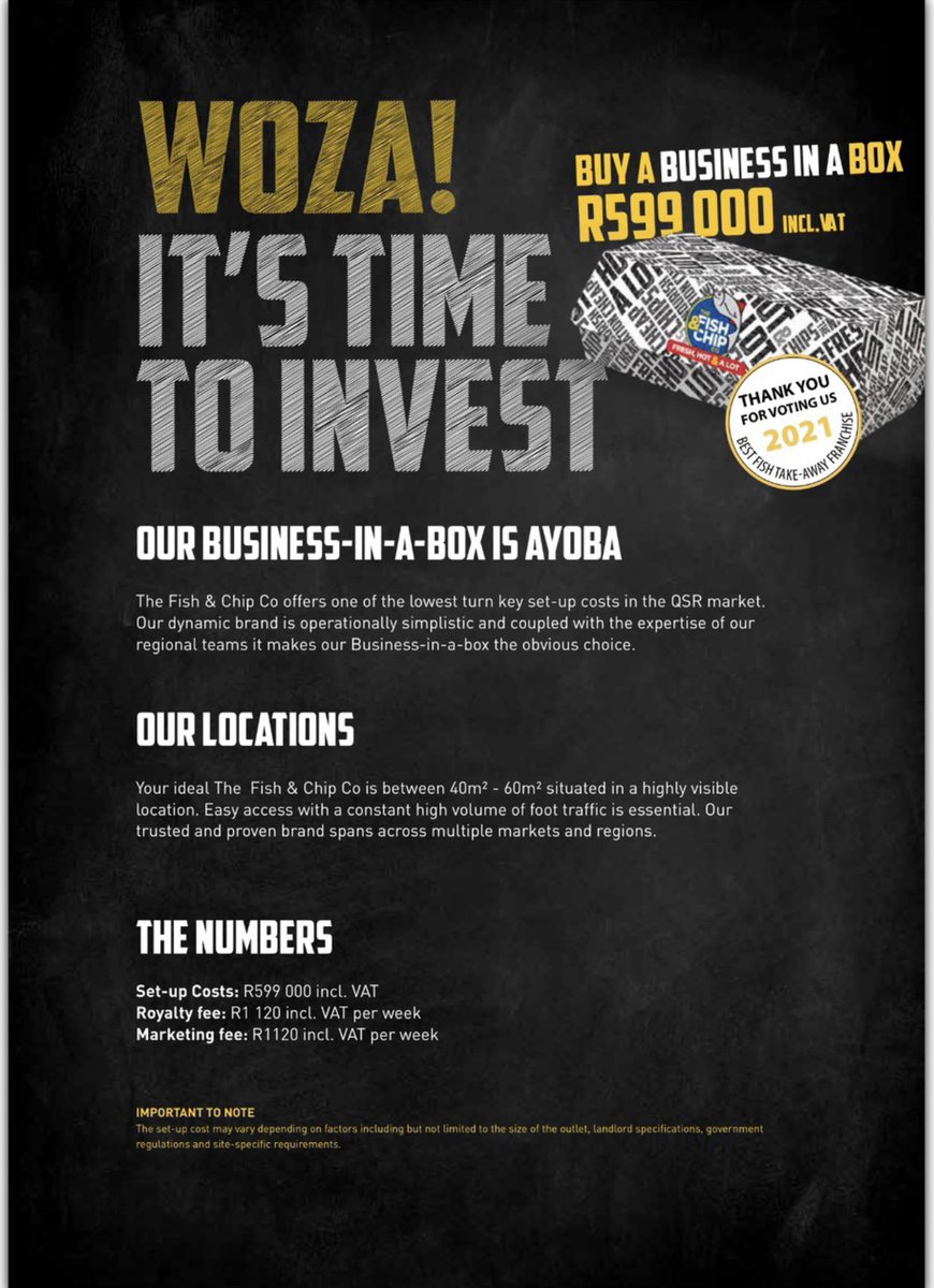 MichelleVoges's tweet photo. @Govcareers1 R599 000 for a store up to 60m2 + working capital (rental deposit and opening stock).  Deposit is only R85 000 (included in your set-up cost).  Full brochure available on request. https://t.co/Xcjmsn9kCa