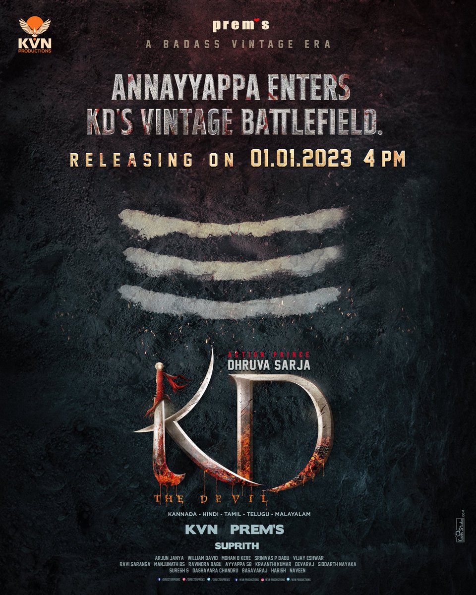 DhruvaSarja's tweet photo. As we prepare the battlefield and brace ourselves for a full blown war, Annayyappa will make a stylish entry!

Special announcement coming your way on New Year's Day. 01/01/2023 at 4 PM.

#KD shooting in progress 
Jai Hanuman 🙏 https://t.co/WbS9JIJYY5