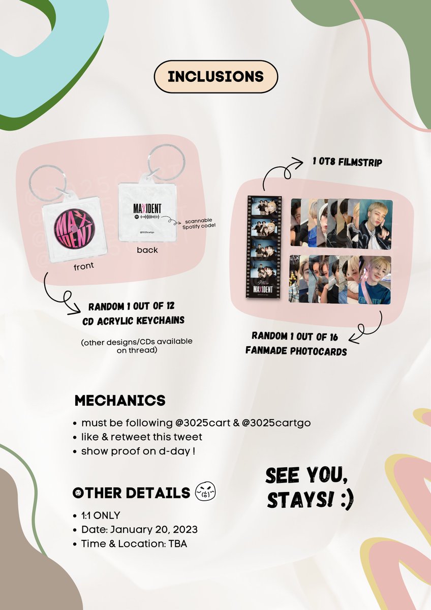 3025cart's tweet photo. hello !

we’ll be giving away some freebies on jan. 20 ! 🥳

— to claim:
• follow @3025cart &amp; @3025cartgo 
• like &amp; rt this tweet
• show proof on d-day !

we’ll update the time &amp; loc on the day itself! see photos for more details. see you! 🫶🏻

#BENCHxSTRAYKIDS #StayWithBENCH https://t.co/MZQxOh215F