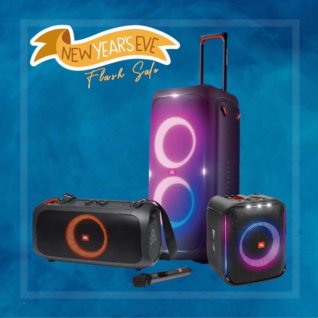 GametroniQ's tweet photo. Happy New Years Eve Folks! 

End the year with high energy &amp; the best vibes as you enjoy a 5% discount on the #JBL #Partybox range of speakers only today at our @WestgateMallKe branch!

#partybox710 #partybox310 #partybox1000 #partyboxonthego #partyboxencoreessential #FlashSale https://t.co/QH9aM9BZiX