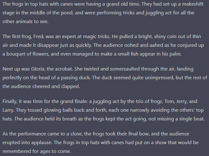 rzt's tweet photo. I asked OpenAI's chat bot to tell me a story about frogs in top hats with canes. Here's what it came up with: https://t.co/HfPetv7Ne9