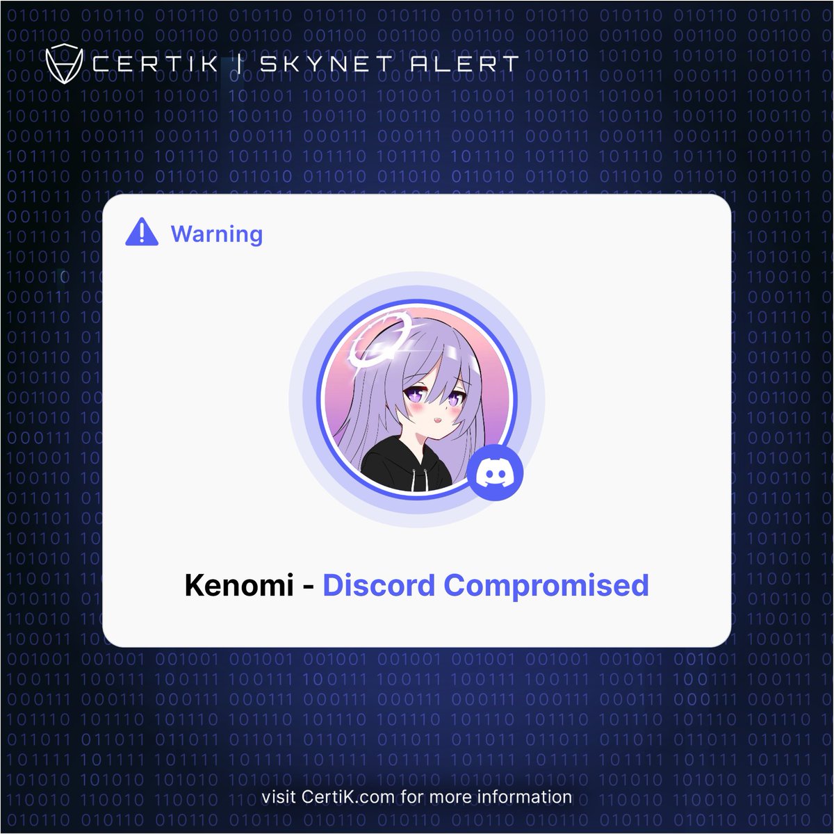 CertiKAlert's tweet photo. #CertiKSkynetAlert 🚨 

We are seeing reports that the @KenomiNFT Discord server has been compromised.

Do not interact with any links or announcements posted by @Lonely_Oceann until the account is recovered.

#Discord #Hacked #NFT #Kenomi

Stay vigilant! https://t.co/sxWgZAKcOb