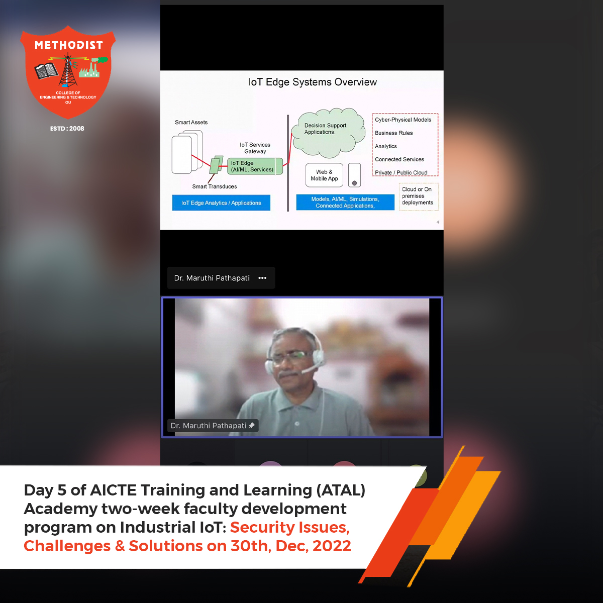 MCETHyderabad's tweet photo. Day 5 of #AICTE #Training and #Learning (ATAL) Academy two-week #Faculty development program in online mode on Industrial IoT: Security Issues, Challenges & Solutions on 30th, Dec, 2022 organised by #ECE Department.
#MCET #Development #Program #Event #ATAL #TrainingandLearning https://t.co/KxYAYb7DAs