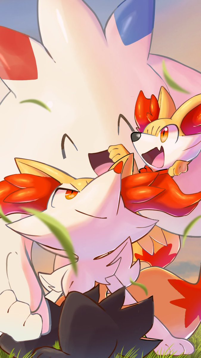 braixen pokemon (creature) smile animal ear fluff closed eyes fang white fur grass  illustration images