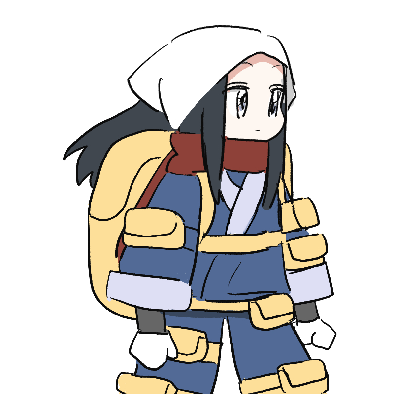 akari (pokemon) 1girl solo black hair white background closed mouth head scarf grey eyes  illustration images
