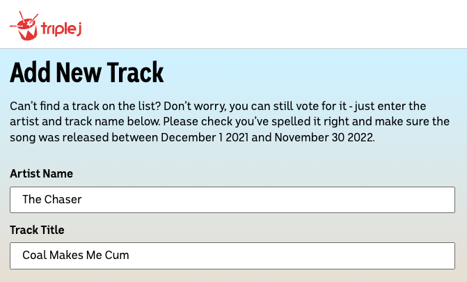 chaser's tweet photo. If you're currently one of the thousands of people bored out of their minds while camped out waiting for the fireworks, consider spending the next 7 hours adding a write in ballot for 'Coal Makes Me Cum' by 'The Chaser' in the Hottest 100: https://t.co/58XBjVBDj4 https://t.co/qKqrUOUmGv
