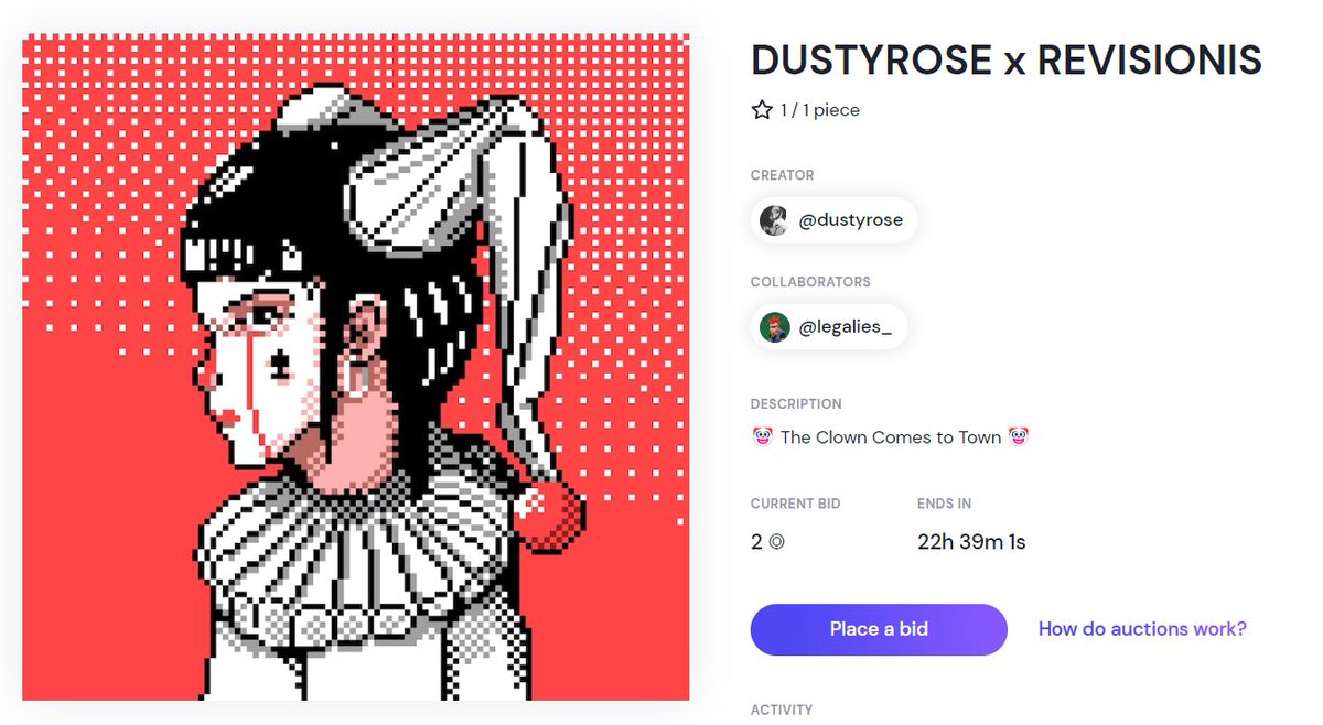formfunction.xyz/@dustyrose/4rV…
DUSTYROSE x REVISIONIS
🎈🎈🎈🎈
"HERE COMES
THE CLOWNEEEEY!!"

Available Now on <a href="/formfunction/">Formfunction</a>

1/1 Edition 🪩
current bid 2 ◎
24 H

Such an honor to be a part of this project ✨ 
<a href="/dustyrose_NFT/">𝓭𝓾𝓼𝓽𝔂𝓻𝓸𝓼𝓮 ~🅝🅕🅣</a>
 thanks!

#solana #NFT #formfunction