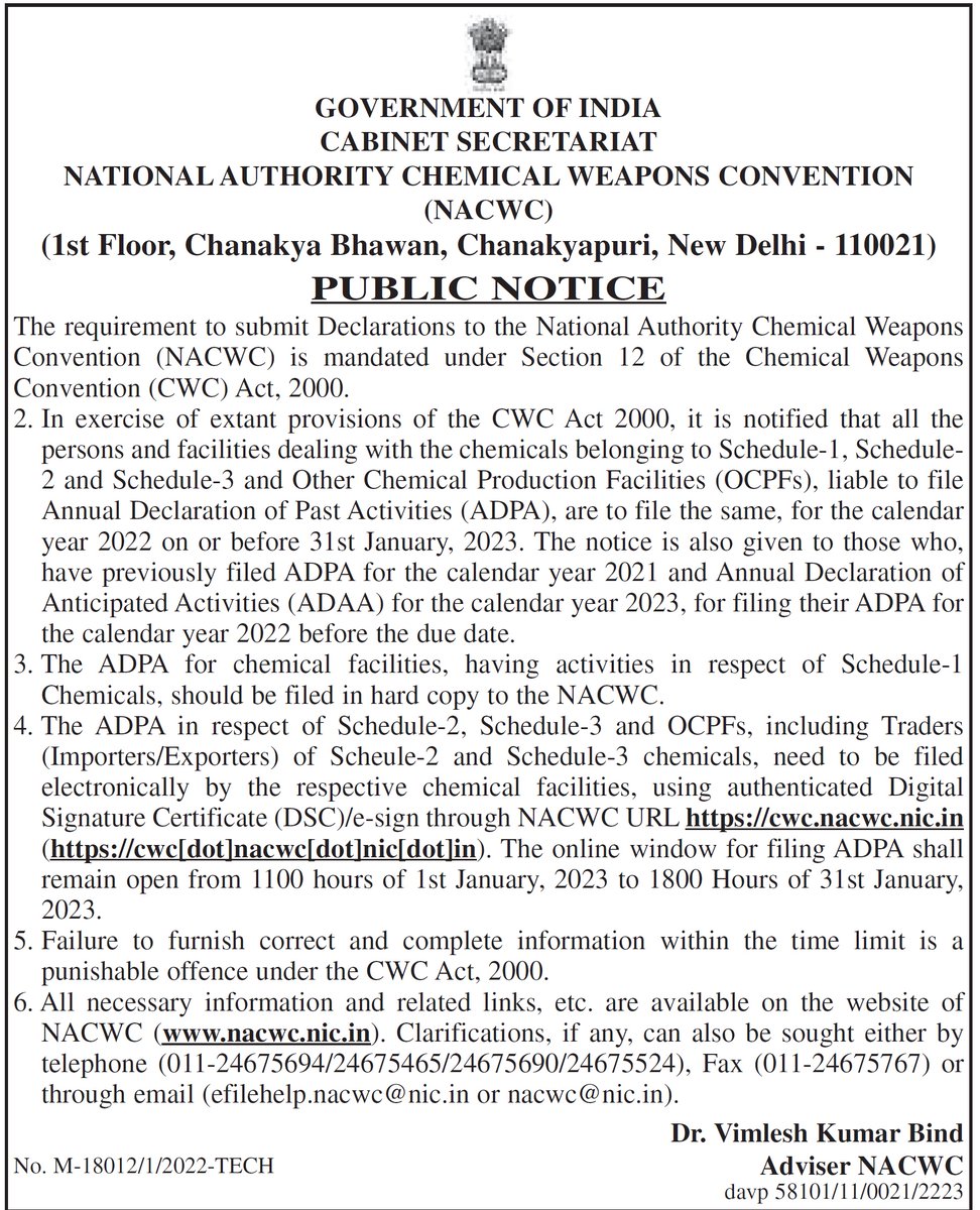 NACWC_India's tweet photo. The ADPA of 2022 can be filed online using authenticated DSC/e-sign through the URL (https://t.co/EE86nB43Cu) from 1100 Hrs of 01/01/2023. Failure to furnish correct and complete information is a punishable offence under the CWC Act 2000. https://t.co/Po0IhCjN3q