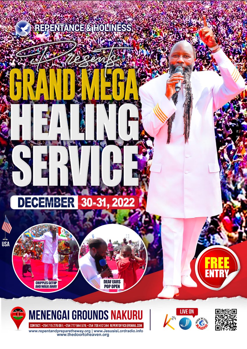 HannahSandra_'s tweet photo. The Ministry of Repentance and Holiness presents the Grand Mega Healing Service at the Menengai Grounds, Nakuru, Kenya.

Today, December 31st, #Menengai5Day2 will be absolutely power packed and no one should miss this opportunity to receive their healing.

Please invite someone. https://t.co/bjQBNFu3ae