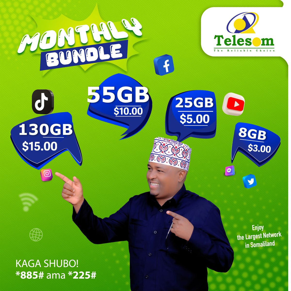 Telesomcompany's tweet photo. Xidhmooyinka Billaha ee Internet Data

Habka Ku Shubashada
Si Aad ugu shubato $10 iyo wixii ka yar Garaac
*885# ama *225#, Kadibna dooro Asaasi

Si Aad ugu shubato $15 Fadlan garaac 
*885# ama *225#, Kadibna dooro Xidhmo Casri

#InternetBundle
#TayoWaaTelesom https://t.co/HiEKjzVzoR