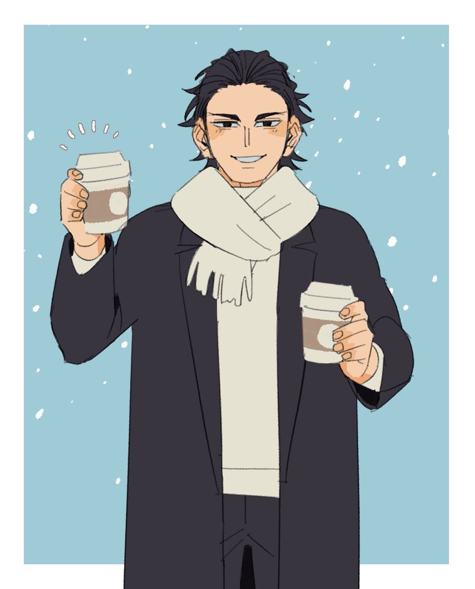 1boy male focus solo scarf cup smile holding cup  illustration images