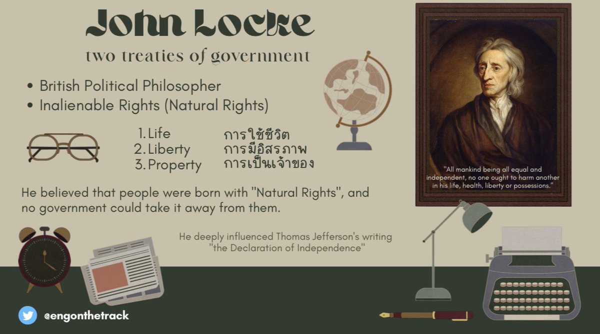 engonthetrack's tweet photo. John Locke นักปรัชญาอังกฤษ🇬🇧⌛️
- Father of Liberalism บิดาแห่งระบอบประชาธิปไตย ⚖️
- เป็นเจ้าของพื้นฐานแนวคิดด้านกฎหมายและรัฐบาลของอเมริกา 🕰
- เป็นแรงบันดาลใจให้กับ the Declaration of Independence (ประกาศอิสรภาพ) ของ Thomas Jefferson📜

#onthetrackvocab #สอบged #ติวged 💌 https://t.co/8rejV5OVBo