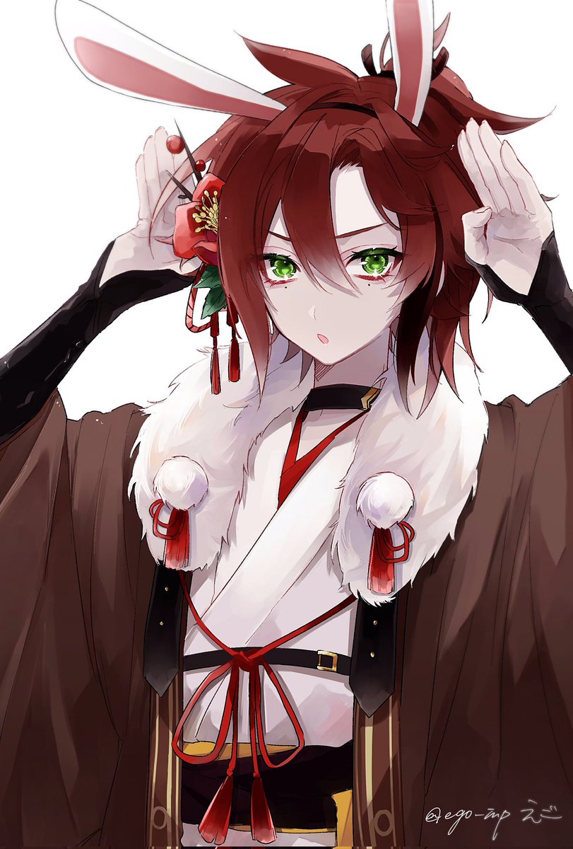 1boy male focus animal ears japanese clothes red hair green eyes rabbit ears  illustration images