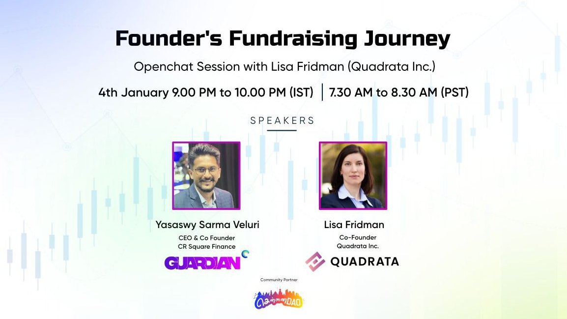 Founder's Fundraising Journey - Quadrata Inc.

Reg. Link -  bit.ly/3i42MGB

Catch up with <a href="/cavysarma/">Yasaswy Sarma Veluri</a> - CEO &amp; Co Founder 
<a href="/Cr2_Finance/">Guardian by CR2</a> 

&amp; <a href="/lisa_fridman/">Lisa Fridman</a> - President &amp; Co Founder <a href="/QuadrataNetwork/">Quadrata Identity Passport</a>

 #web3community  #founders #blockchain #fundraising #funding #Web3