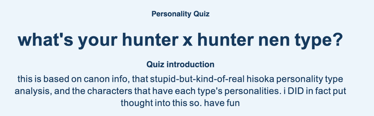 alexcsiple's tweet photo. hi i got bored and made a hxh nen type quiz that i put too much research into. pls take it and tell me what u got https://t.co/T2niIcSkn9 <3 https://t.co/oBaLnboQFE